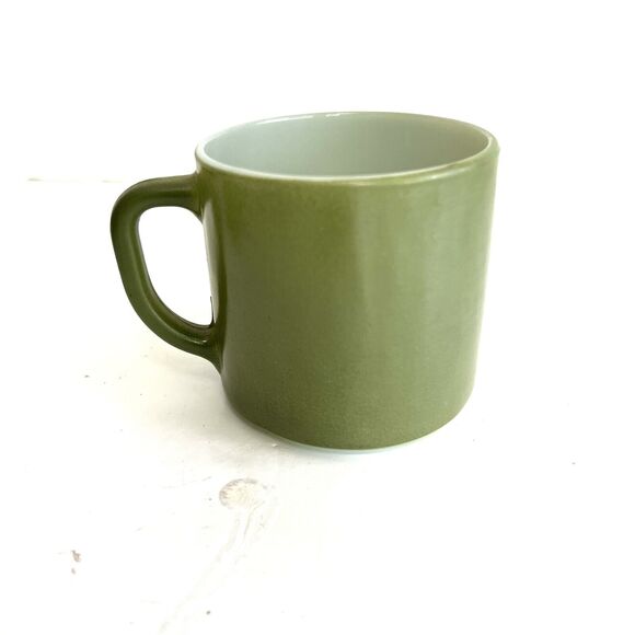 FEDERAL MILK GLASS CUPS MUGS D-HANDLE MID CENTURY GREEN HEAT PROOF SET X4 - Picture 7 of 11